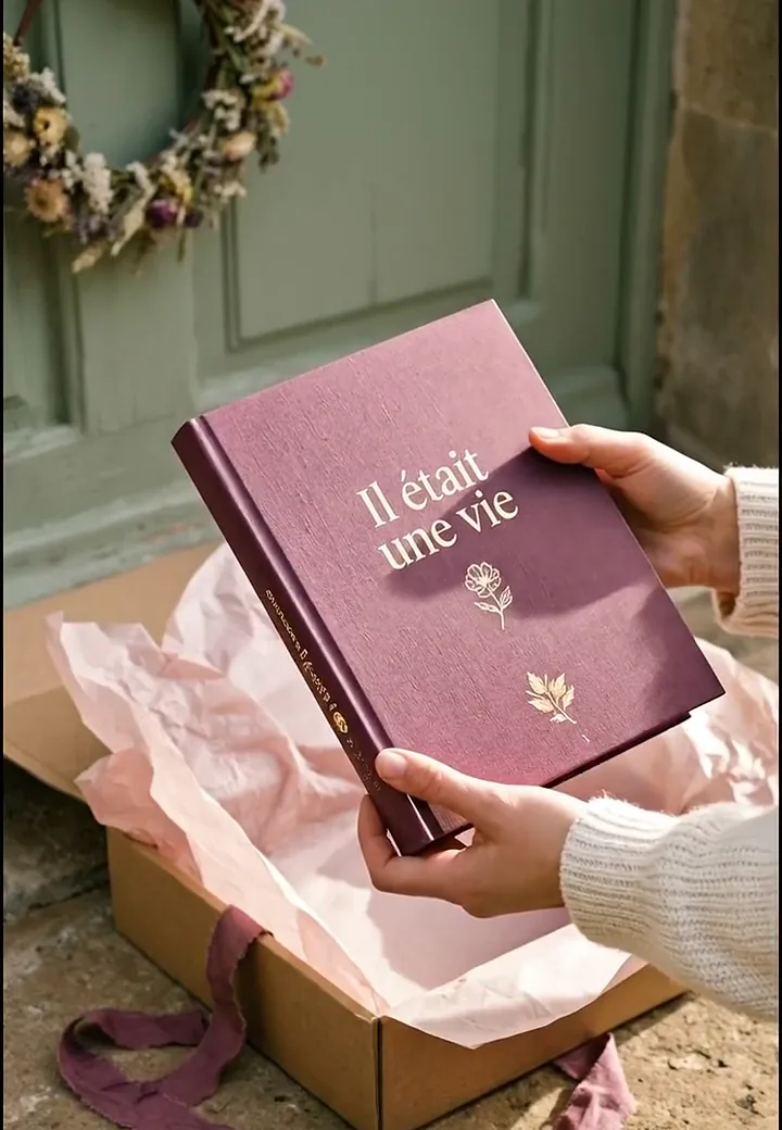 Des mains sortent d'une boîte cadeau un livre relié couleur prune, titré Il était une vie